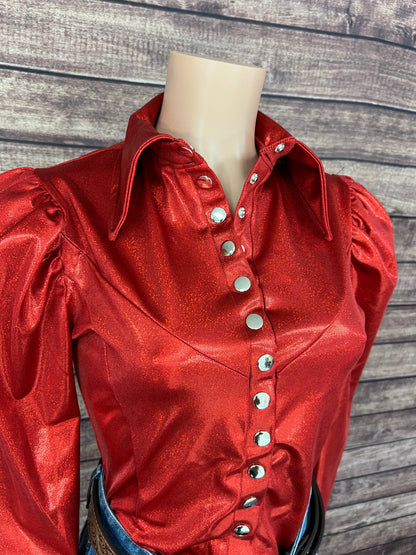 Red Sparkly Snap Front Rodeo Shirt with Puffed Sleeves