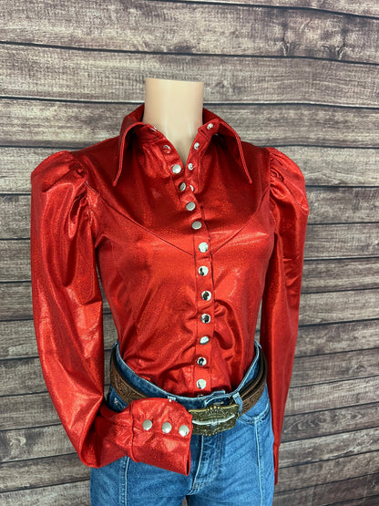 Red Sparkly Snap Front Rodeo Shirt with Puffed Sleeves