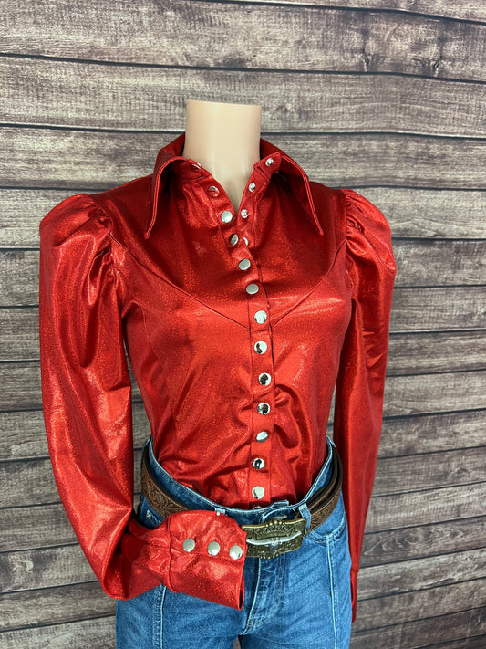 Red Sparkly Snap Front Rodeo Shirt with Puffed Sleeves