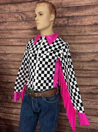 Mens Neon Pink Check Zipper Front Rodeo Shirt with 6" Thunderbird Fringe