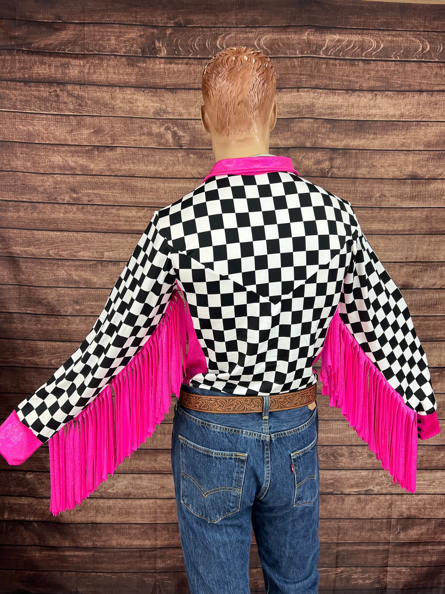 Mens Neon Pink Check Zipper Front Rodeo Shirt with 6" Thunderbird Fringe