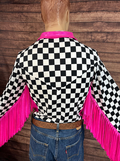 Mens Neon Pink Check Zipper Front Rodeo Shirt with 6" Thunderbird Fringe