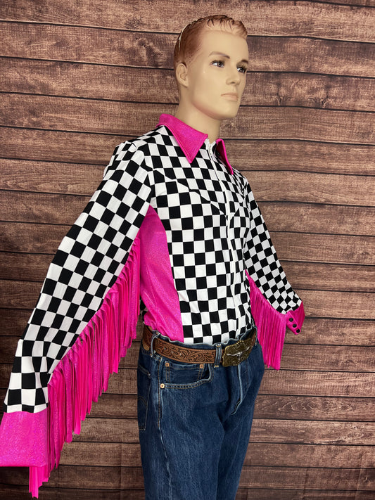 Mens Neon Pink Check Zipper Front Rodeo Shirt with 6" Thunderbird Fringe