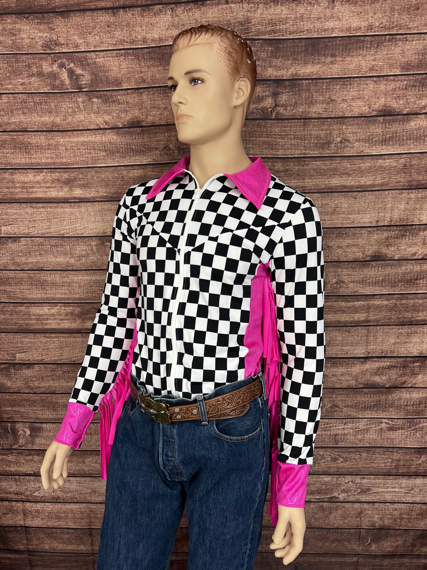 Mens Neon Pink Check Zipper Front Rodeo Shirt with 6" Thunderbird Fringe
