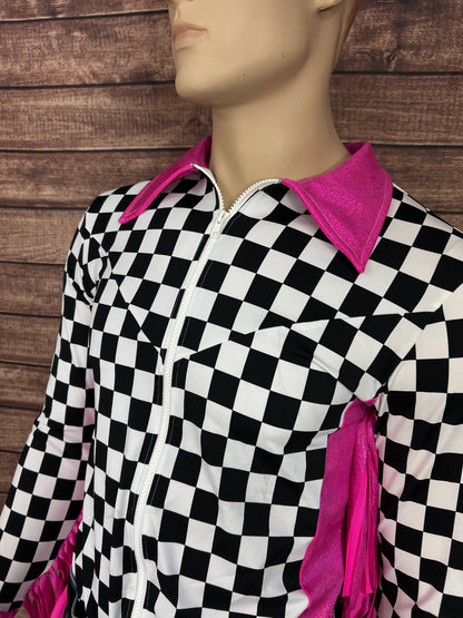 Mens Neon Pink Check Zipper Front Rodeo Shirt with 6" Thunderbird Fringe