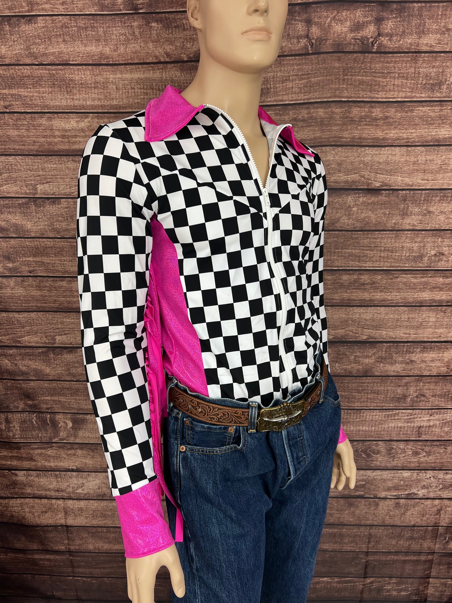 Mens Neon Pink Check Zipper Front Rodeo Shirt with 6" Thunderbird Fringe