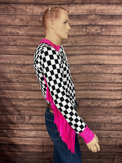 Mens Neon Pink Check Zipper Front Rodeo Shirt with 6" Thunderbird Fringe