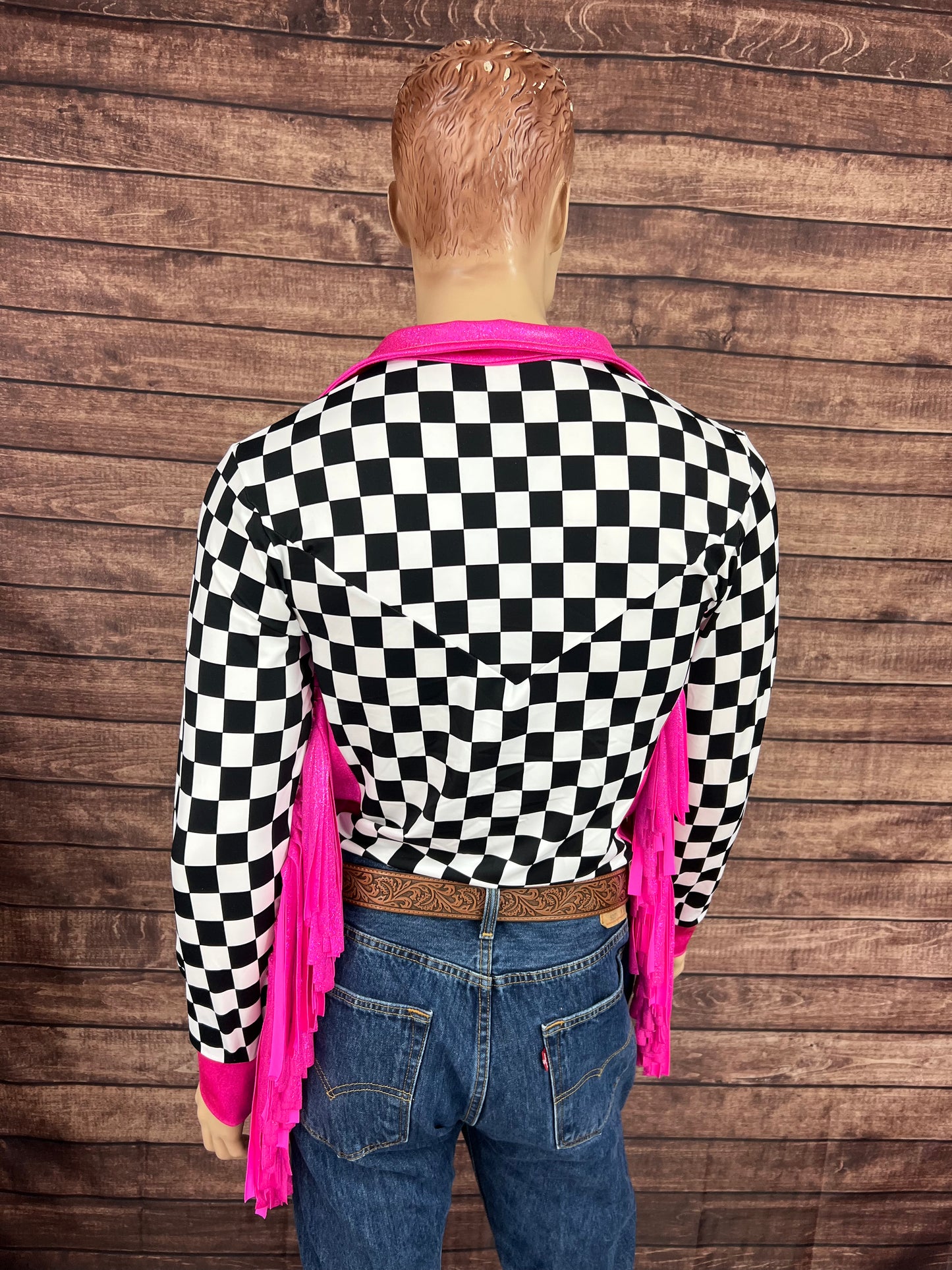 Mens Neon Pink Check Zipper Front Rodeo Shirt with 6" Thunderbird Fringe