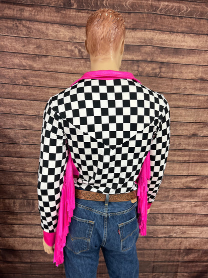 Mens Neon Pink Check Zipper Front Rodeo Shirt with 6" Thunderbird Fringe