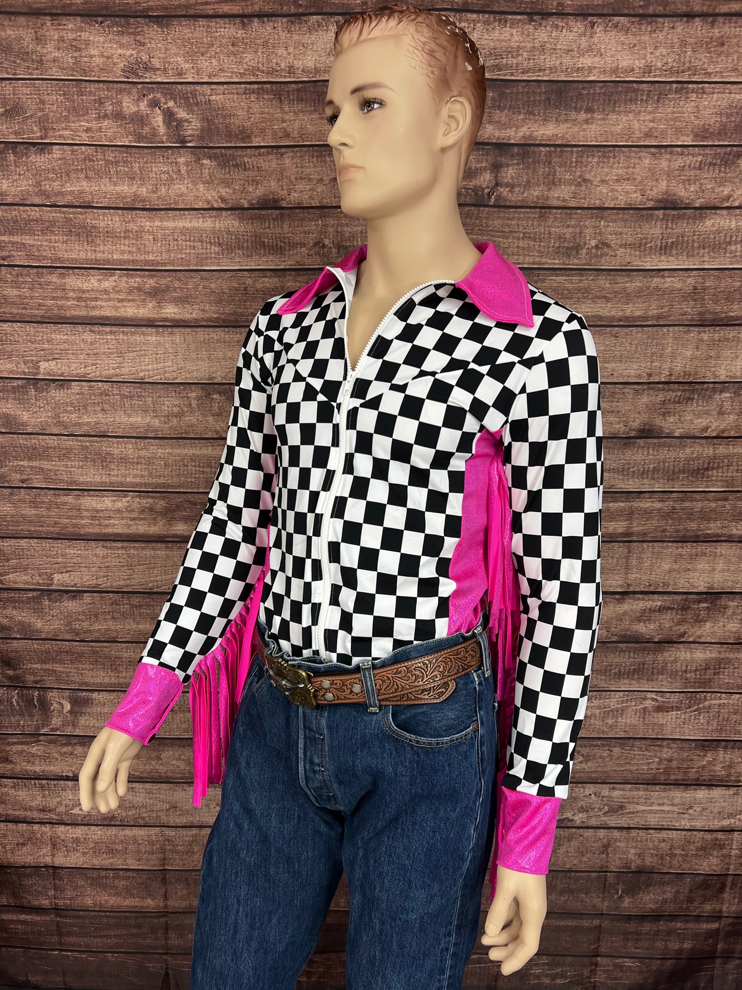 Mens Neon Pink Check Zipper Front Rodeo Shirt with 6" Thunderbird Fringe