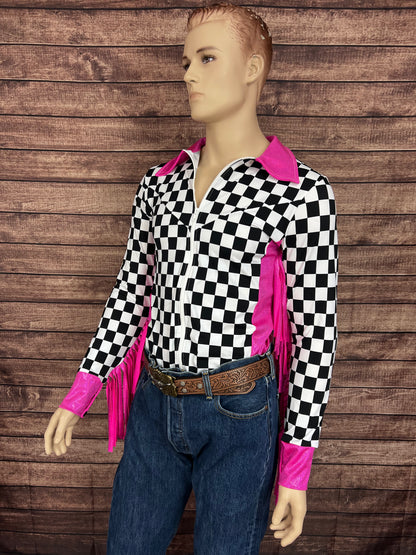 Mens Neon Pink Check Zipper Front Rodeo Shirt with 6" Thunderbird Fringe