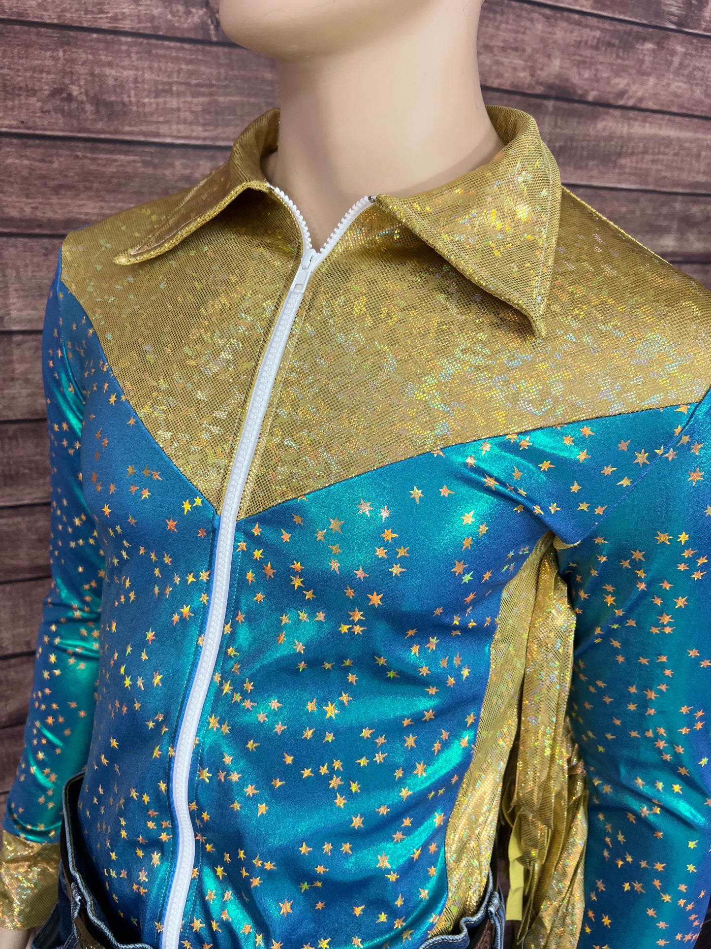 Mens Stardust and Gold Kaleidoscope Zipper Front Rodeo Shirt with 6" Thunderbird Fringe