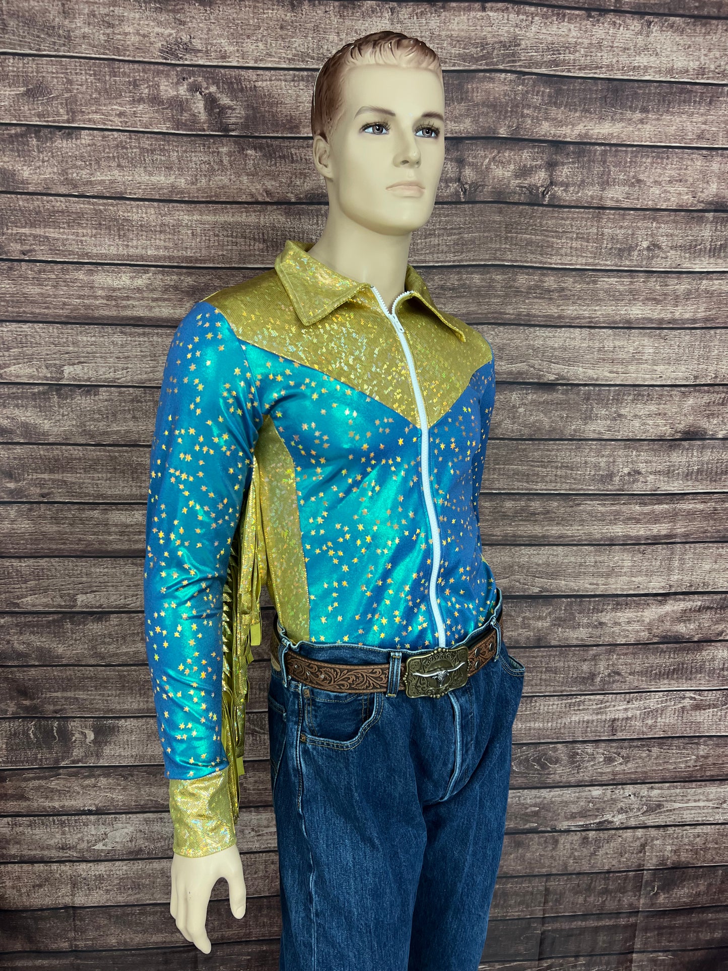 Mens Stardust and Gold Kaleidoscope Zipper Front Rodeo Shirt with 6" Thunderbird Fringe