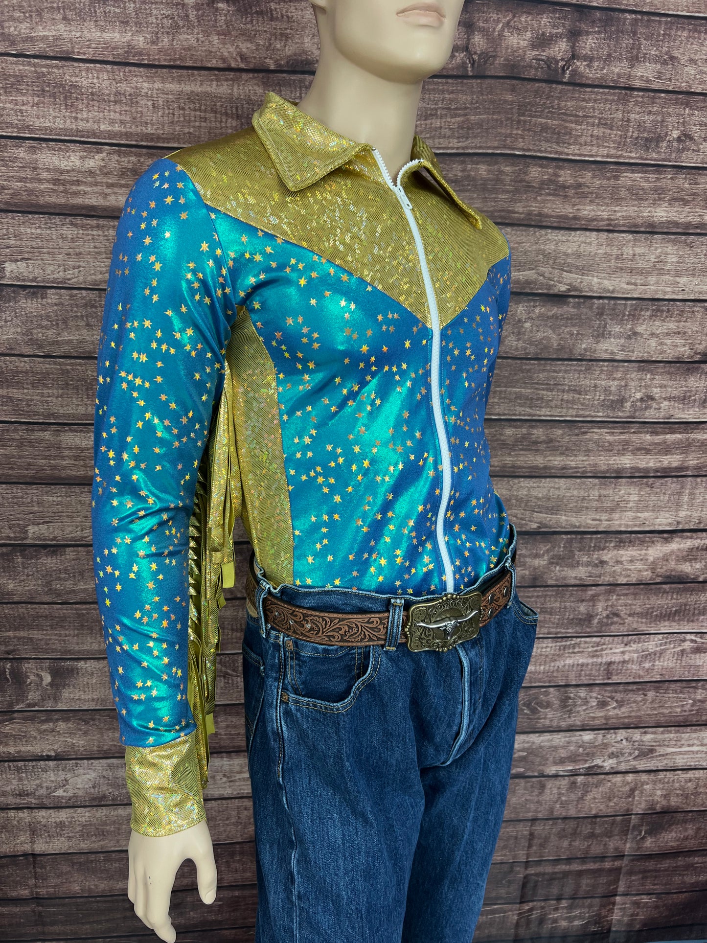 Mens Stardust and Gold Kaleidoscope Zipper Front Rodeo Shirt with 6" Thunderbird Fringe