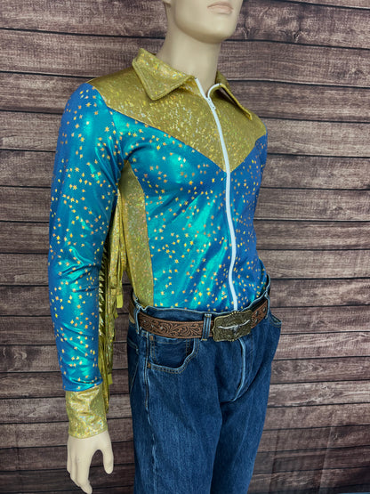Mens Stardust and Gold Kaleidoscope Zipper Front Rodeo Shirt with 6" Thunderbird Fringe