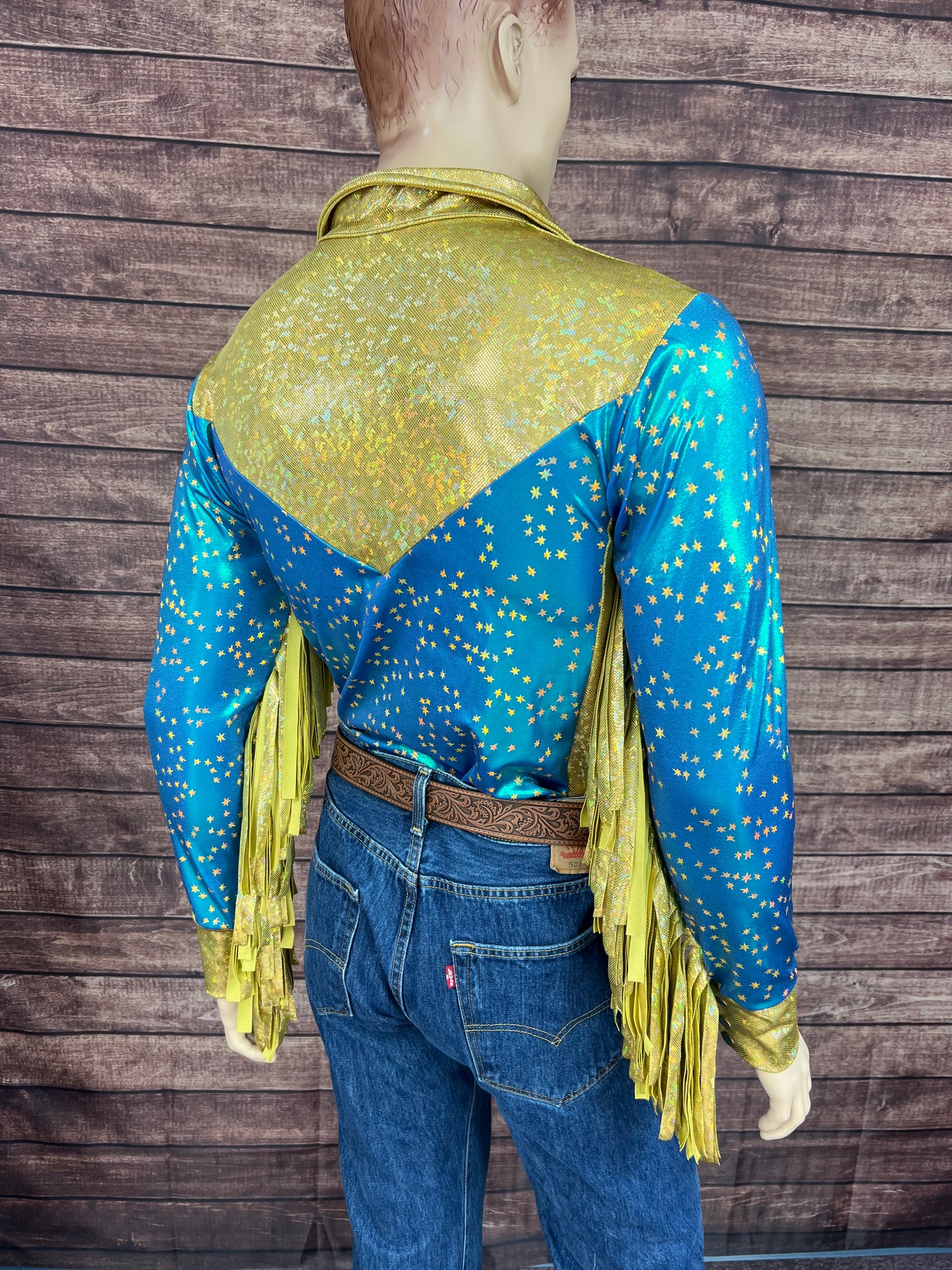 Mens Stardust and Gold Kaleidoscope Zipper Front Rodeo Shirt with 6" Thunderbird Fringe