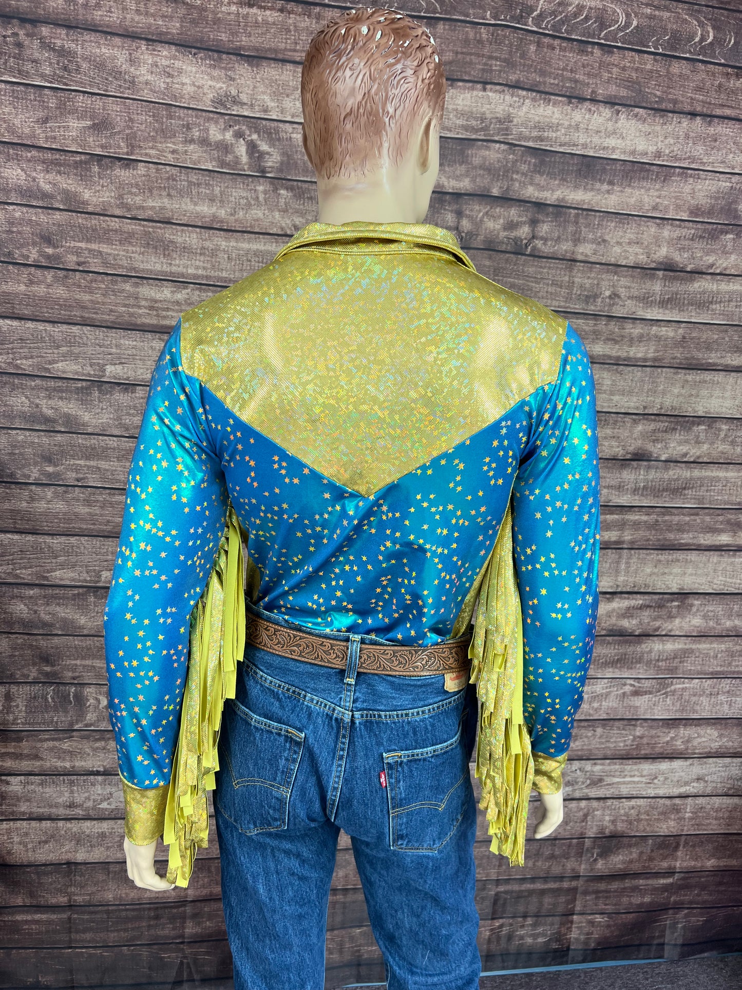 Mens Stardust and Gold Kaleidoscope Zipper Front Rodeo Shirt with 6" Thunderbird Fringe