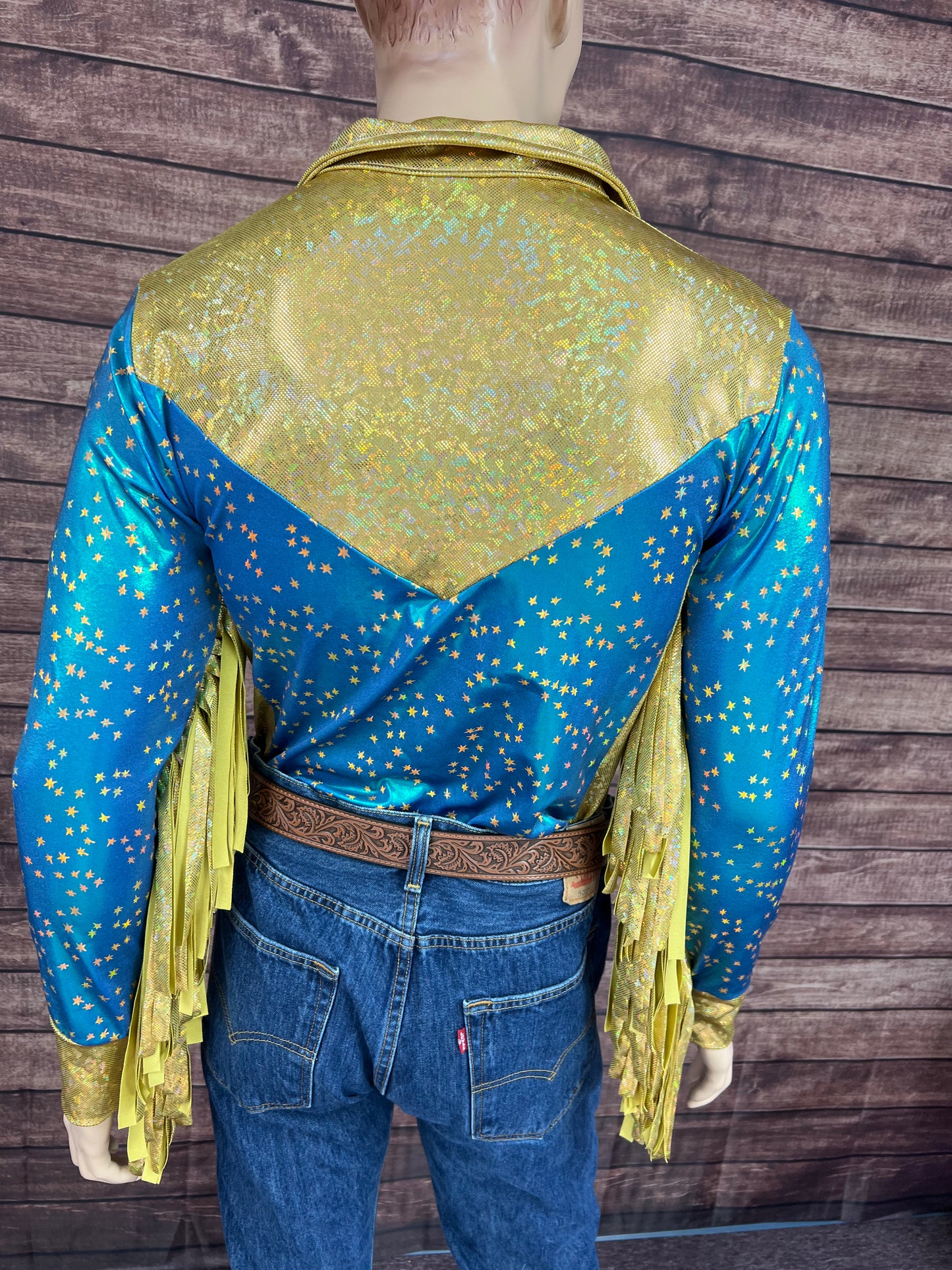 Mens Stardust and Gold Kaleidoscope Zipper Front Rodeo Shirt with 6" Thunderbird Fringe