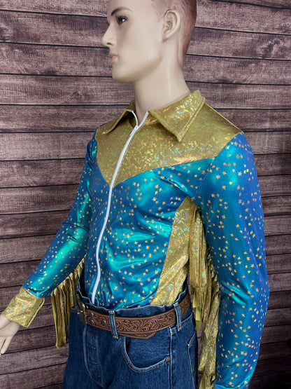 Mens Stardust and Gold Kaleidoscope Zipper Front Rodeo Shirt with 6" Thunderbird Fringe