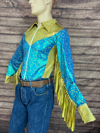 Mens Stardust and Gold Kaleidoscope Zipper Front Rodeo Shirt with 6" Thunderbird Fringe