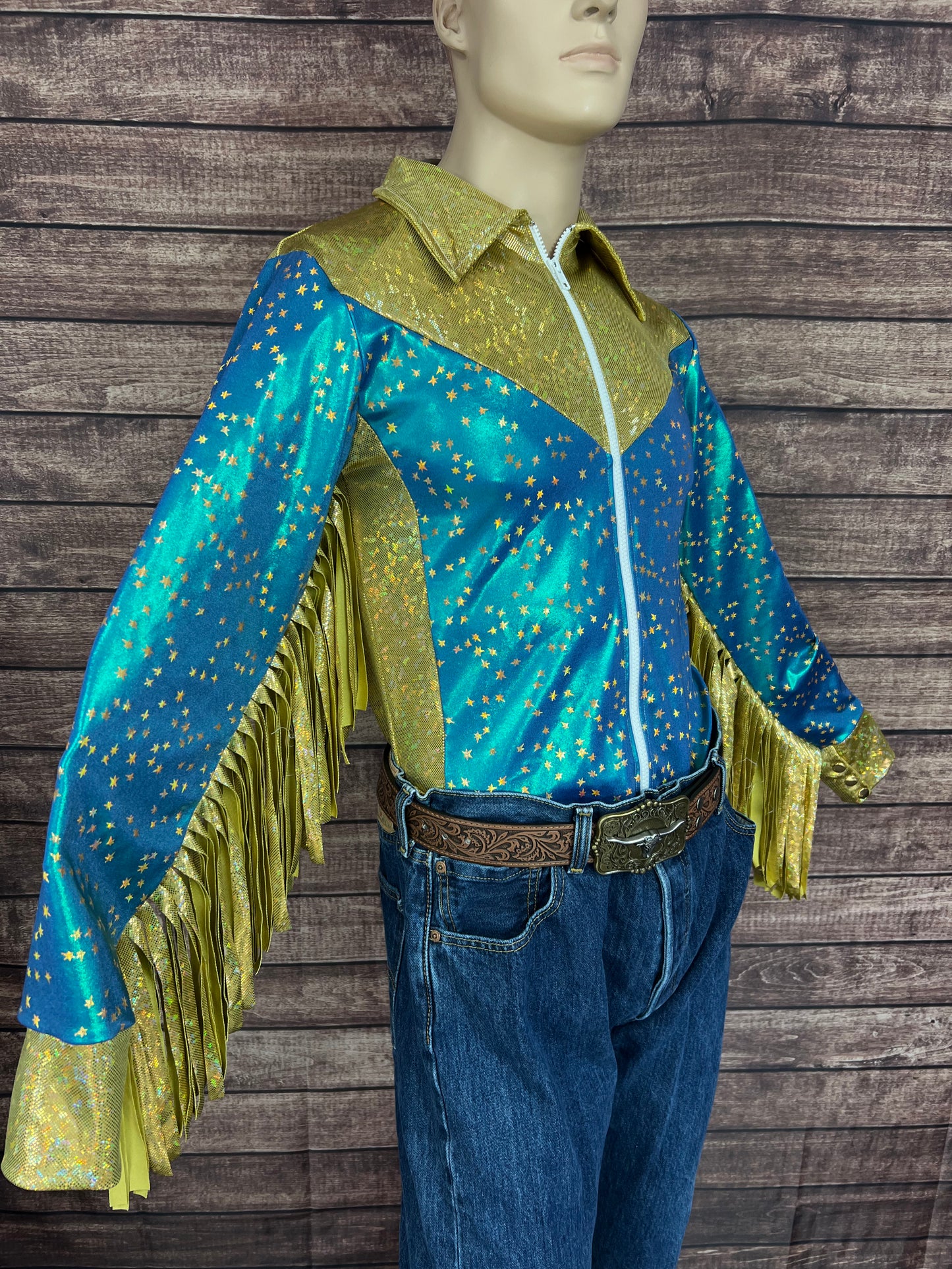 Mens Stardust and Gold Kaleidoscope Zipper Front Rodeo Shirt with 6" Thunderbird Fringe