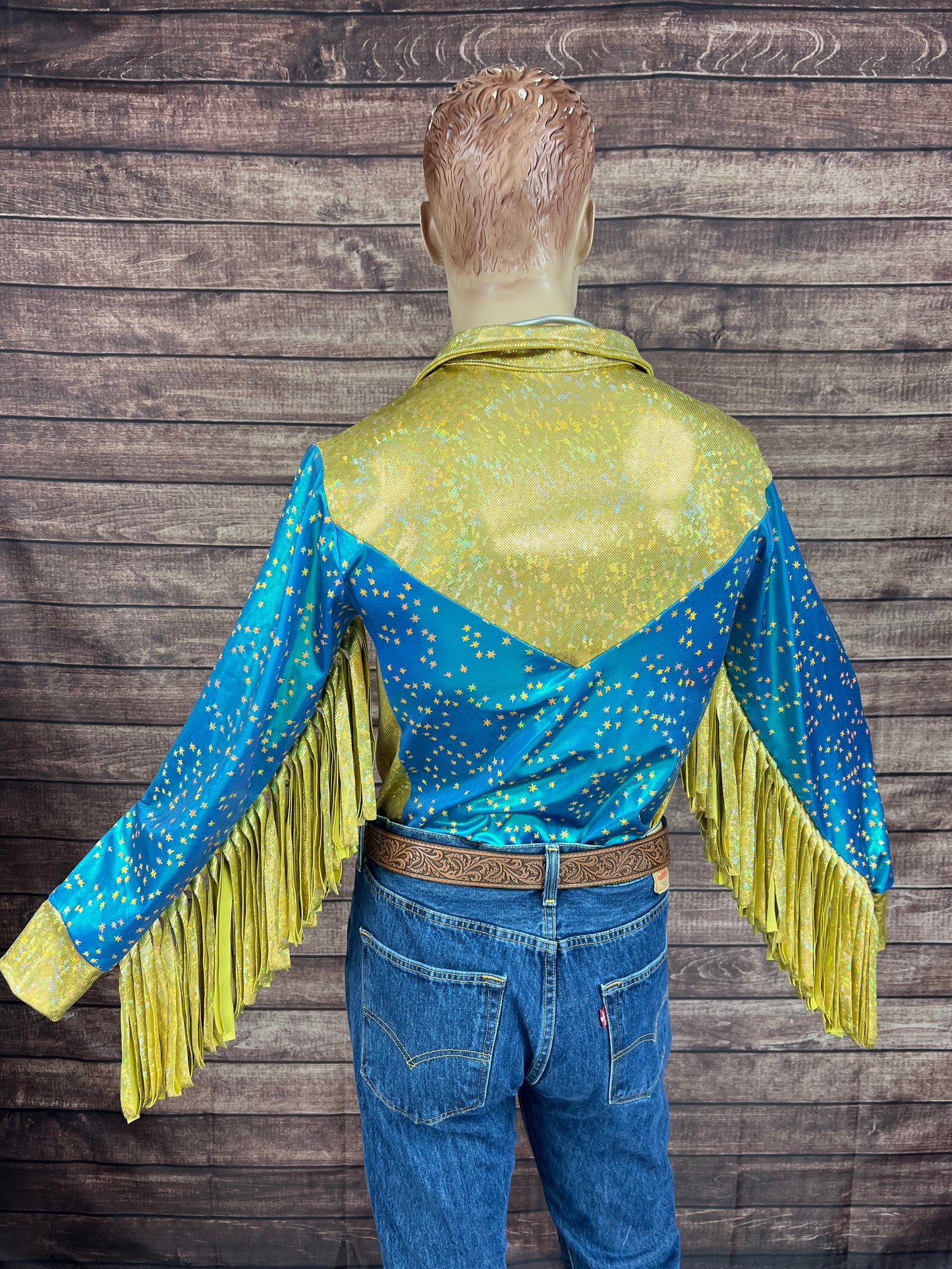 Mens Stardust and Gold Kaleidoscope Zipper Front Rodeo Shirt with 6" Thunderbird Fringe