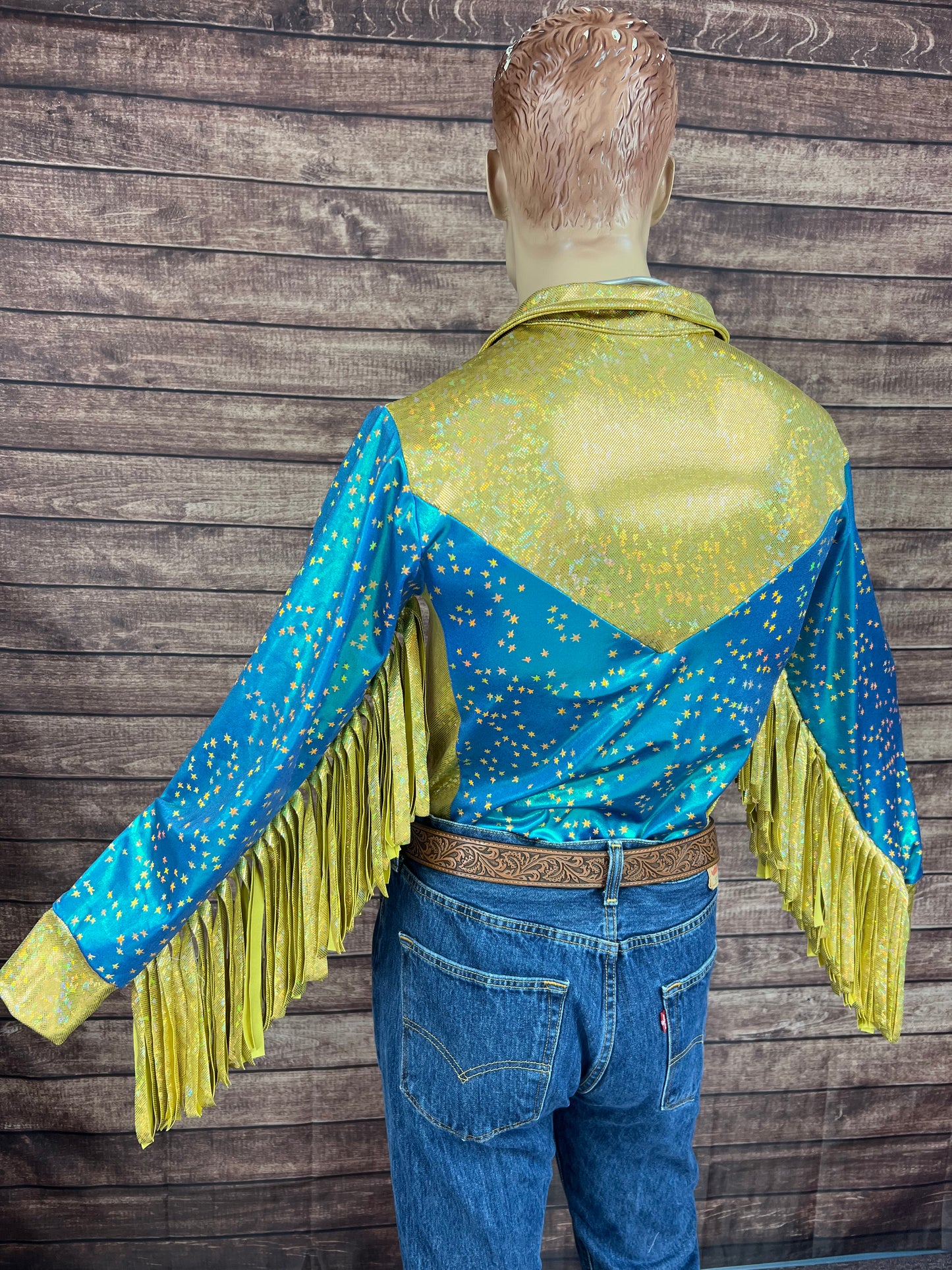 Mens Stardust and Gold Kaleidoscope Zipper Front Rodeo Shirt with 6" Thunderbird Fringe