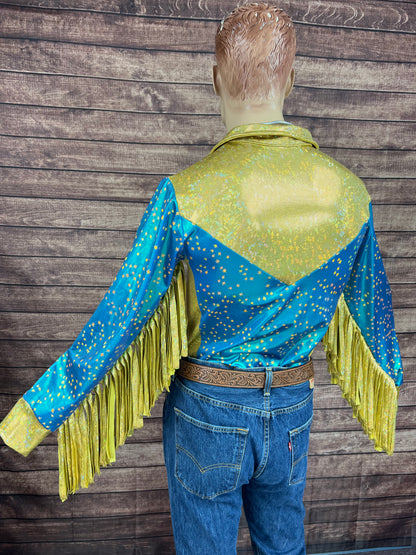 Mens Stardust and Gold Kaleidoscope Zipper Front Rodeo Shirt with 6" Thunderbird Fringe