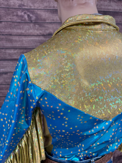 Mens Stardust and Gold Kaleidoscope Zipper Front Rodeo Shirt with 6" Thunderbird Fringe