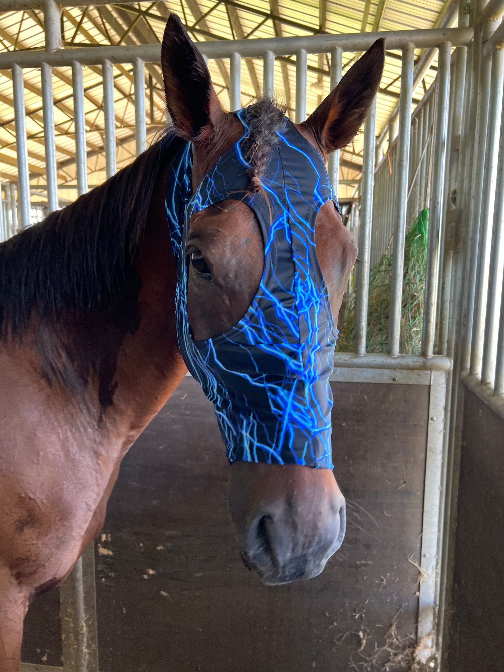 Blue Lightning Spandex Face Mask for Horses Fly Bonnet Riverside Rodeo Shirts 
