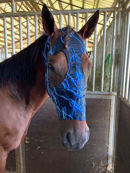 Blue Lightning Spandex Face Mask for Horses Fly Bonnet Riverside Rodeo Shirts 