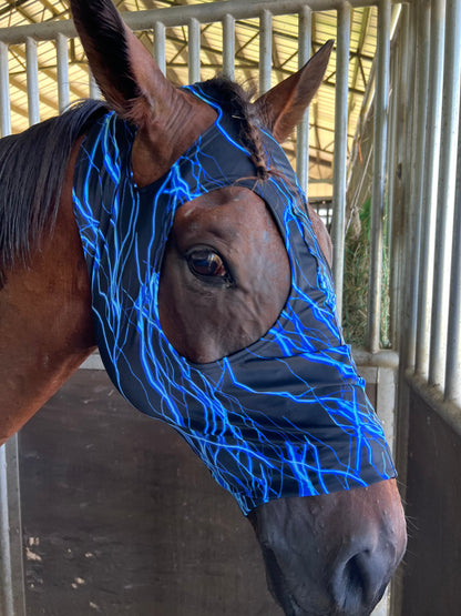 Blue Lightning Spandex Face Mask for Horses Fly Bonnet Riverside Rodeo Shirts 