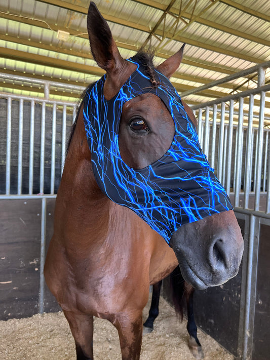 Blue Lightning Spandex Face Mask for Horses Fly Bonnet Riverside Rodeo Shirts 