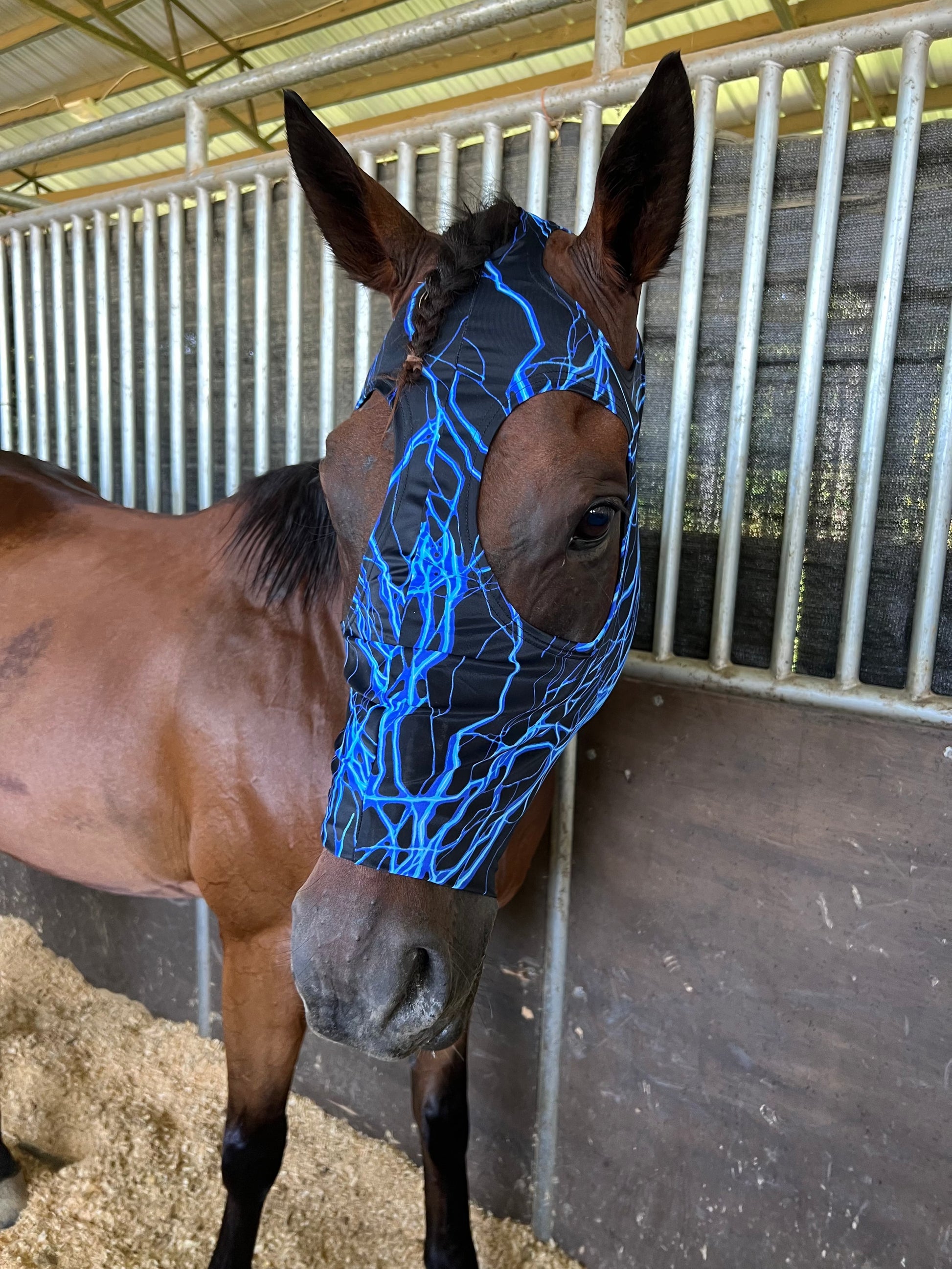 Blue Lightning Spandex Face Mask for Horses Fly Bonnet Riverside Rodeo Shirts 