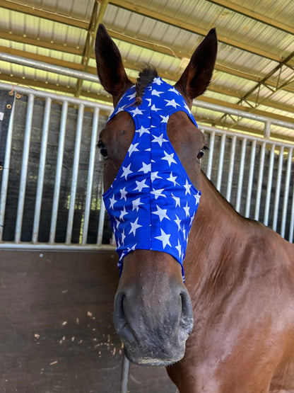 Blue and White Star Spandex Face Mask for Horses Fly Bonnet Riverside Rodeo Shirts 