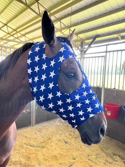 Blue and White Star Spandex Face Mask for Horses Fly Bonnet Riverside Rodeo Shirts 