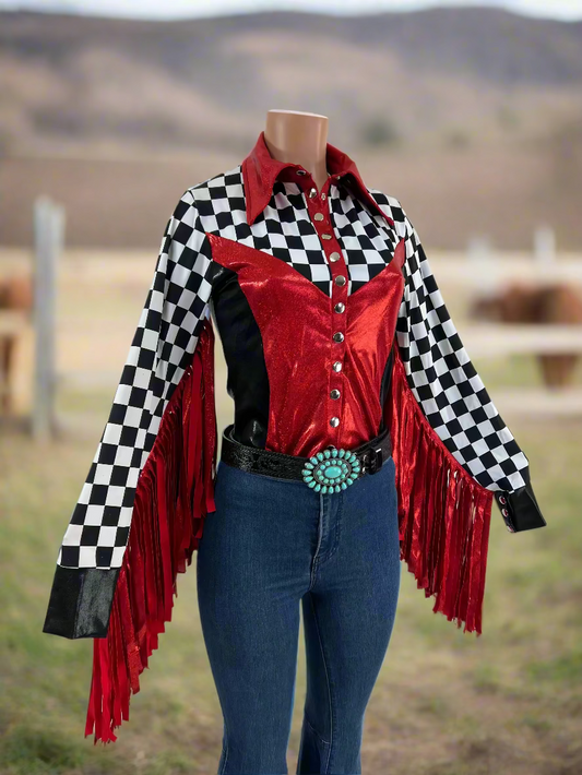 Checks in the Red Snap Front Rodeo Shirt with Thunderbird Fringe Rodeo Shirt Riverside Rodeo Shirts 