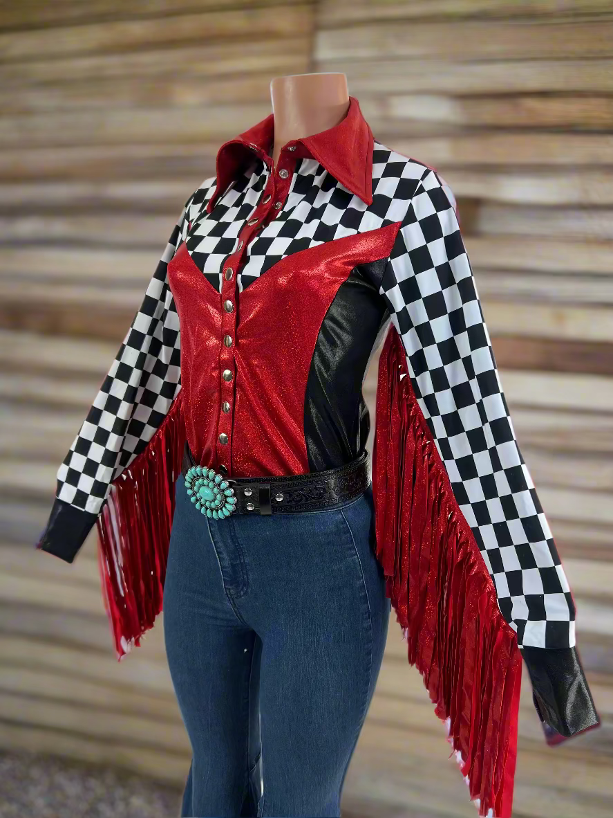 Checks in the Red Snap Front Rodeo Shirt with Thunderbird Fringe Rodeo Shirt Riverside Rodeo Shirts 