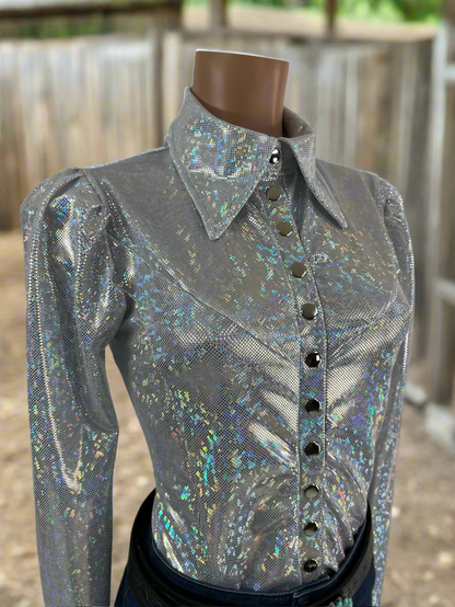 White Kaleidoscope Snap Front Rodeo Shirt with Puffed Sleeves Rodeo Shirt Riverside Rodeo Shirts 