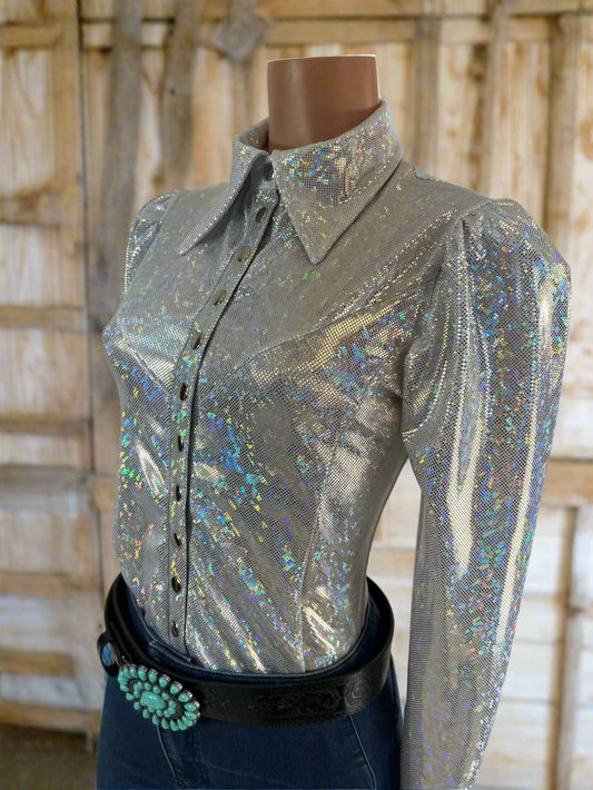 White Kaleidoscope Snap Front Rodeo Shirt with Puffed Sleeves Rodeo Shirt Riverside Rodeo Shirts 