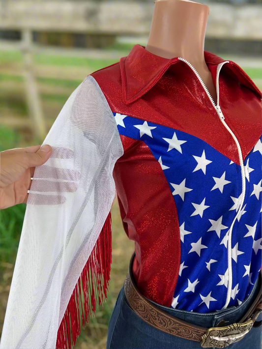 Star Spangled Mesh Sleeve, Zipper Front Rodeo Shirt Rodeo Shirt Riverside Rodeo Shirts 