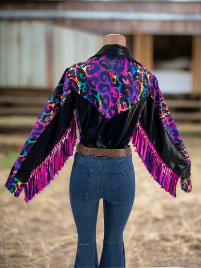 Rainbow Leopard Snap Front Rodeo Shirt with Thunderbird Fringe Rodeo Shirt Riverside Rodeo Shirts 