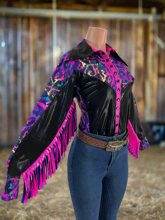 Rainbow Leopard Snap Front Rodeo Shirt with Thunderbird Fringe Rodeo Shirt Riverside Rodeo Shirts 