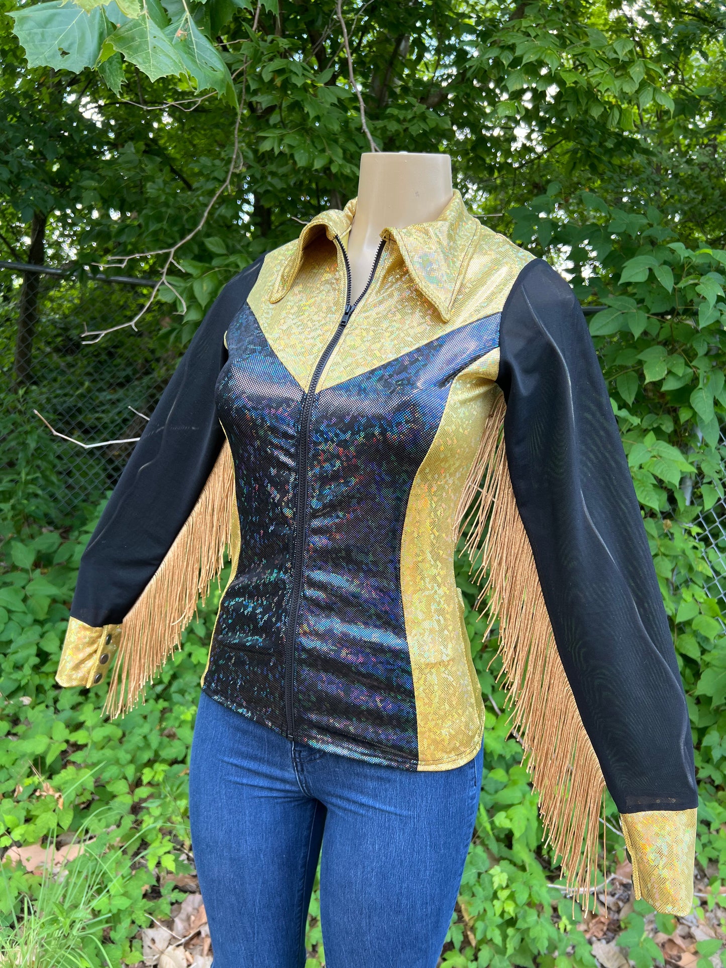 Gold and Black Kaleidoscope Mesh Sleeve Rodeo Shirt Rodeo Shirt Riverside Rodeo Shirts 