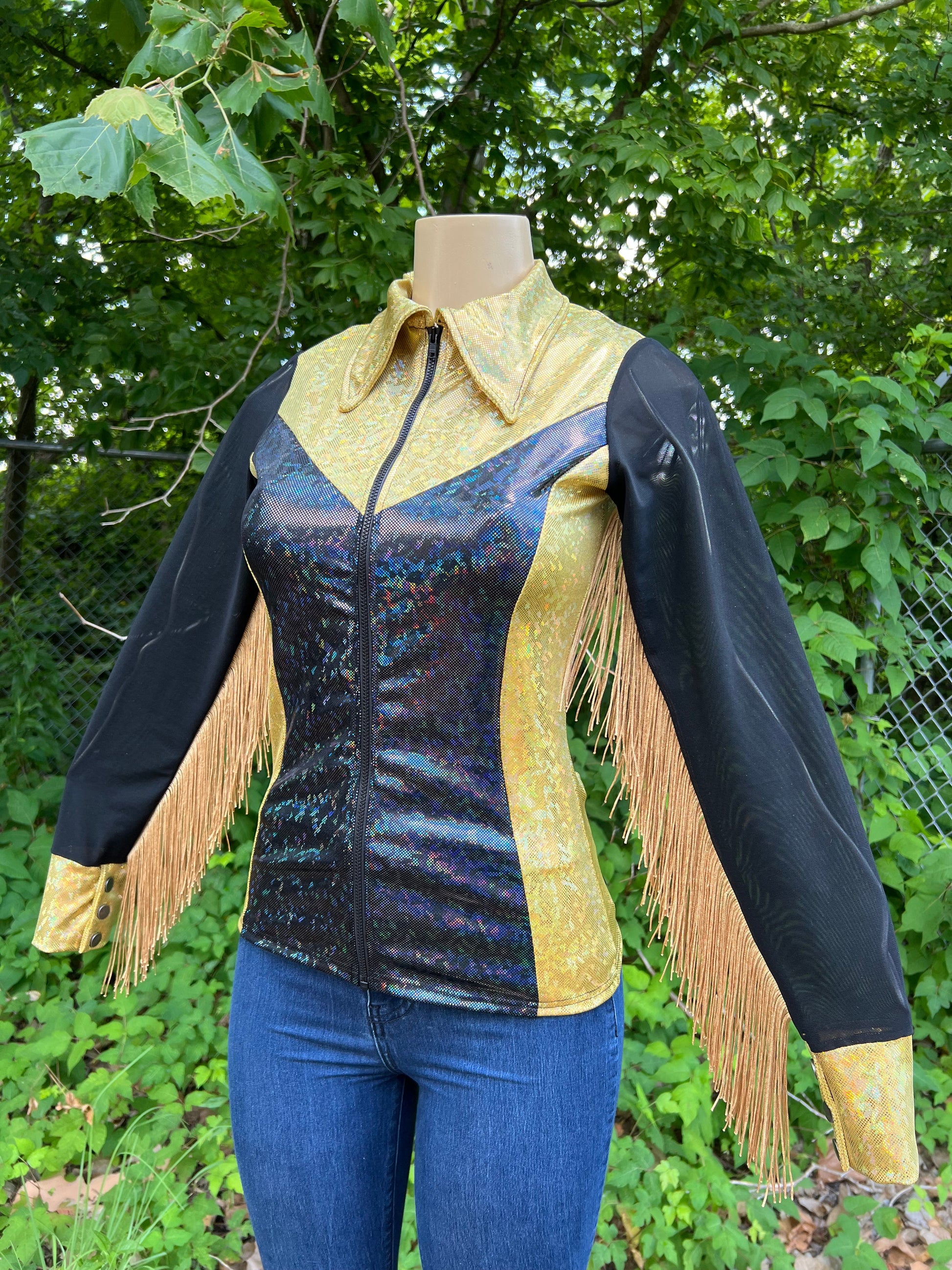 Gold and Black Kaleidoscope Mesh Sleeve Rodeo Shirt Rodeo Shirt Riverside Rodeo Shirts 