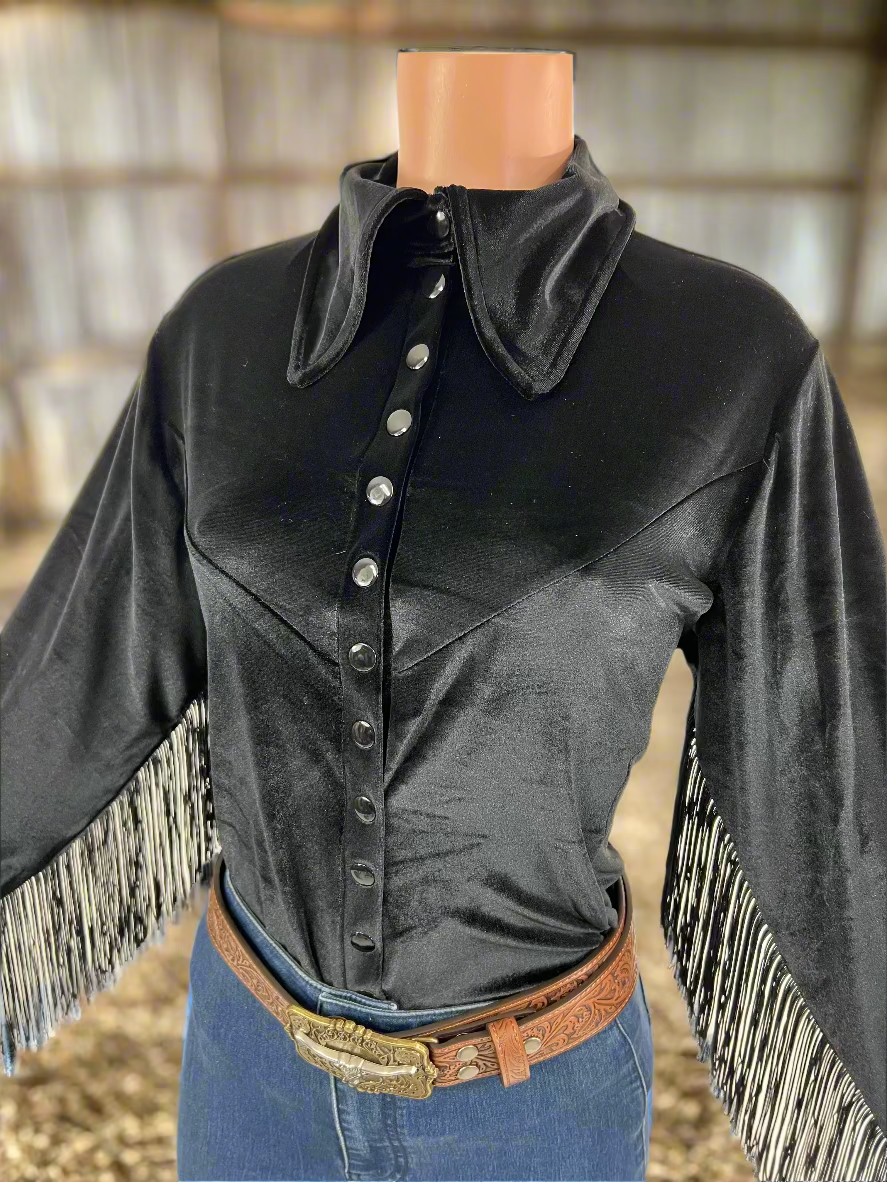 Black Velvet Snap Front Rodeo Shirt with Fringe Rodeo Shirt Riverside Rodeo Shirts 