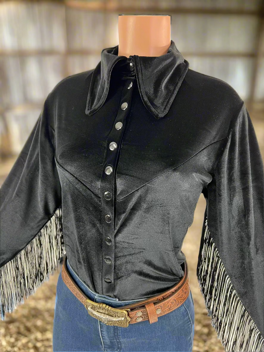 Black Velvet Snap Front Rodeo Shirt with Fringe Rodeo Shirt Riverside Rodeo Shirts 