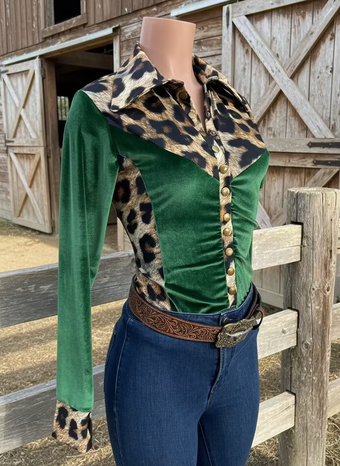 Leopard and Green Velvet Snap Front Rodeo Shirt Rodeo Shirt Riverside Rodeo Shirts 