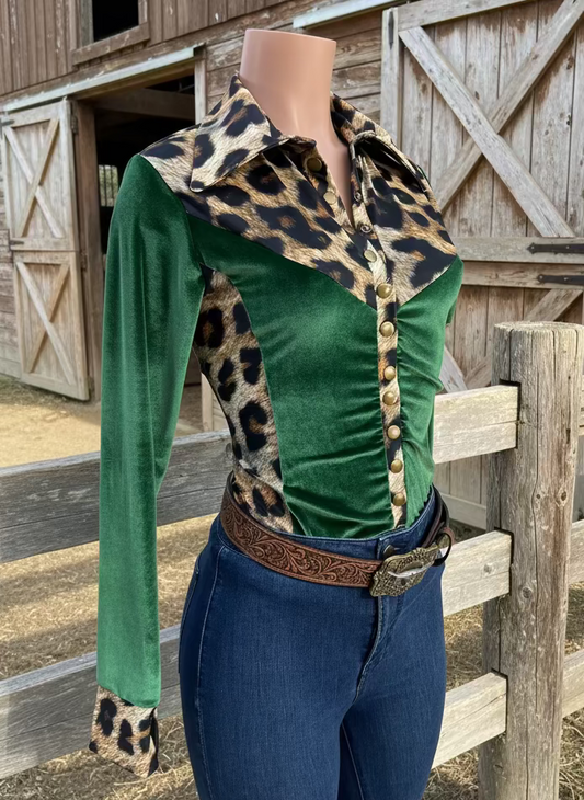 Leopard and Green Velvet Snap Front Rodeo Shirt Rodeo Shirt Riverside Rodeo Shirts 