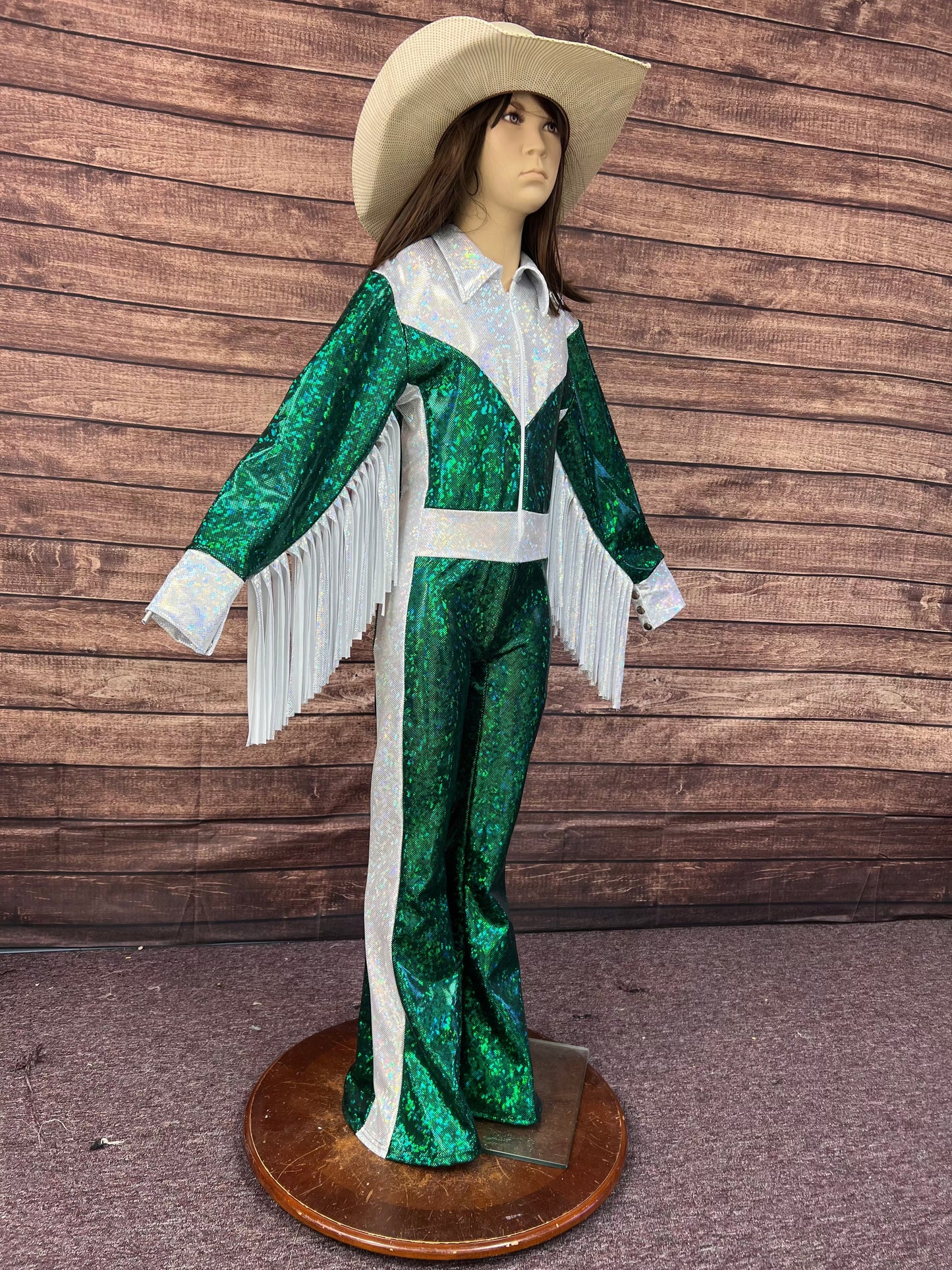 Green and White Kaleidoscope Trick Riding Jumpsuit Riverside Rodeo Shirts 